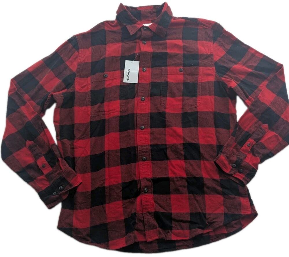 Sonoma Mens Large Supersoft Flannel Plaid Button-Up Long Sleeve Collared Shirt